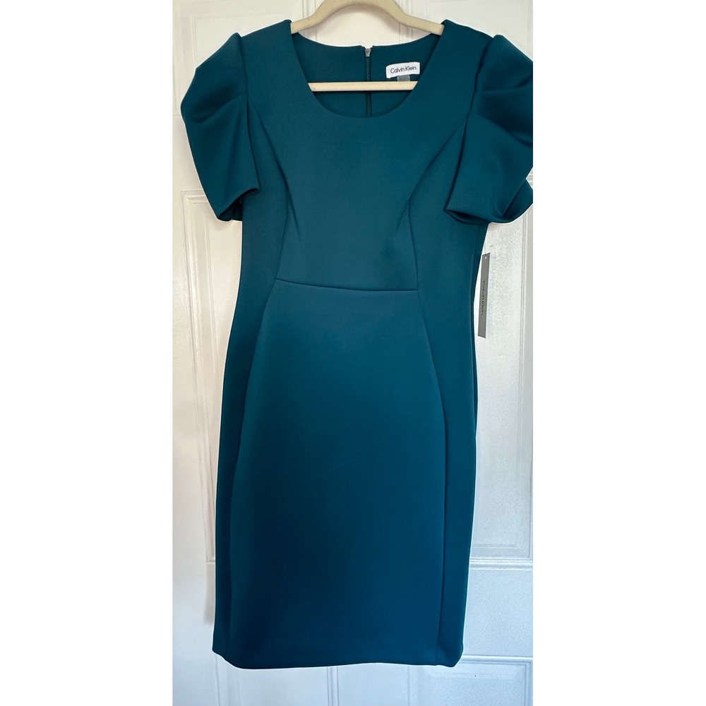 Calvin Klein Teal Blue Tulip Puff Sleeve Sheath Dress Size 8